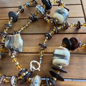 20" w/clasp // bone, wood, amber-colored beads, and shell // necklace or belt